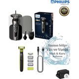 Philips SIfır Traş-Burun Vucüt Erkek Bakım Seti- Premium Kablosuz, 7 yıl motor ve pil ömrü SP9872/22 9000 Serisi Islak Kuru Tıraş Makinesi+One Blade Hafif Pratik Traş - Gri - Siyah