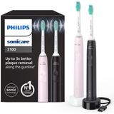 Philips Sonicare 3100 Elektrikli Diş Fırçası | Sonic Teknoloji, Basınç Sensörü & Zamanlayıcı | 2’li Set (Siyah & Pembe), HX3675/15 - Pembe - Siyah