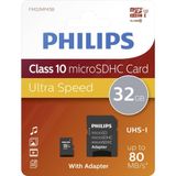 Philips Ultra Speed microSDHC Card 16 GB + SD adaptörü UHS-I U1, 80 MB/sn'ye kadar okuma hızı, A1 hızlı uygulama performansı, V10, akıllı telefonlar, tablet, bilgisayar, kart okuyucu, Full HD video