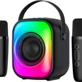 PHNIXGAM Mini Karaoke Makinesi, İki Kablosuz Mikrofonlu, Yetişkinler ve Çocuklar için Taşınabilir Bluetooth Hoparlör, LED'li Karaoke Mikrofon, TF Kart/USB için Hoparlör Destekleri, AUX in (Siyah)