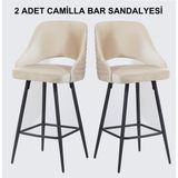 Pi Sandalye 2 Adet Camilla Bar Taburesi - Mutfak Sandalyesi - Silinebilir Babyface Kumaş - Metal Siyah Ayak - Bej