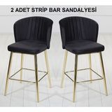 Pi Sandalye 2 Adet Strip Ada Mutfak ve Bar Sandalyesi - Bar Taburesi - Silinebilir Babyface Kumaş - Gold Ayak - Siyah