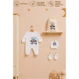 Pia Baby Isme Özel Erkek Bebek Tulum %100 Pamuk Organik Baskılı Isimli Bebek Tulumu Ham Bez Kıyafet Kesesi Bebek Hediye Seti - Krem - 0 - 1 Ay