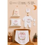 Pia Baby Isme Özel Kız Bebek %100 Pamuk Hastane Çıkışı Tulum Şapka Eldiven Kıyafet Keseli Hediye Seti - 0 - 1 Ay - Ekru