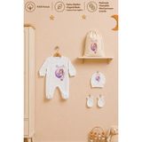 Pia Baby Isme Özel Kız Bebek Tulum %100 Pamuk Organik Baskılı Isimli Bebek Tulumu Ham Bez Kıyafet Kesesi Bebek Hediye Seti - Krem - 0 - 3 Ay