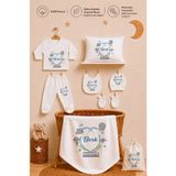 Pia Baby Kişiye Özel %100 Pamuk Erkek Bebek Yastık Battaniye Zıbın Set ve Kıyafet Kesesi - 0 - 1 Ay - Ekru