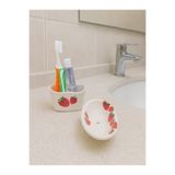 Piatti Naturali 2’li Banyo Seti - Çilek Desen - Katı Sabunluk & Diş Fırçalık , Süngerlik El Yapımı Seramik Hediyelik