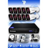 PICAM 10 Kameralı Kare 10 Dış Kamera Set 2 TB HDD Full HD Gece Görüşlü Güvenlik Kamerası Sistemi