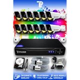 Picam 12 Kameralı Ultra 12 Dış Kamera Set 500 GB 5 MP 2K Net Renkli Gece Görüşlü Güvenlik Kamerası Sistemi