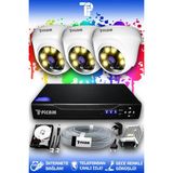 PICAM 3 Kameralı Dome 3 İç Kamera Set 2 TB HDD Full HD Renkli Gece Görüşlü Güvenlik Kamerası Sistemi