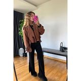 Picco Boutique Oversize Modern Tarz Kesim Tek Düğmeli Şık Kahverengi Sonbahar Kış Kadın Kısa Ceket Modası - XS