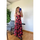 PİCCO Kadın Çiçekli Crop Top Maxi Etek İkili Saten Takım Gelincik Desenli Kare Yaka Askılı Yüksek Bel Yazlık Siyah Kırmızı Şık Günlük Davet Saten Kumaş
