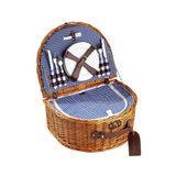 Picnic&co Piknik Sepeti 4 Kişilik El Yapımı Hasır Yarım Ay Piknik Seti Mavi Pötikare Desenli (NZ-05)
