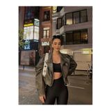 piel island Haki Kemerli Oversize Deri Biker Ceket