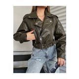 piel island Yeni Sezon Kemerli Oversize Deri Biker Ceket