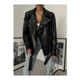 piel island Yeni Sezon Oversize Kadın Siyah Biker Deri Ceket