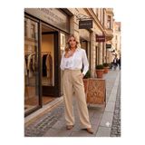 Pientro Kadın Bej Rengi Pileli Yüksek Bel Geniş Paça Pallazzo Kumaş Pantolon