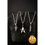Piercing Market Steel & Silver 3 Lü Set Kombin Kolye Melek Yıldız Ve Tüğ Tasarım Hediyelik Kolye Set