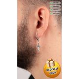 Piercing Market Steel & Silver Erkek Çelik Takı Paslanmaz Kararmaz Özel Tasarım Halka Sallantılı Haç Küpe