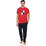 Pierre Cardin %100 Pamuk Penye Erkek Pijama Takım, Yazı Baskılı Bisiklet Yakalı, Cep Detay - Kırmızı - 2XL