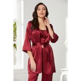 Pierre Cardin 2075 Kadın Saten Sabahlıklı Pijama Takımı, Bordo, S Beden