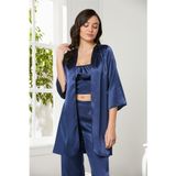 Pierre Cardin 2075 Kadın Saten Sabahlıklı Pijama Takımı, Lacivert, S Beden