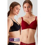 Pierre Cardin 2'li Ekonomik Paket Bordo-Siyah 6224 Barcelona Balenli Desteksiz Dantelli Toparlayıcı Sütyen Set (C Cup Seçeneğiyle) - 85B - Bordo - Siyah