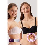 Pierre Cardin 2'li Ekonomik Paket Pudra-Siyah 6202-2 Balenli Desteksiz Straplez Dantelli Sütyen Set - Pudra - Siyah - 80B