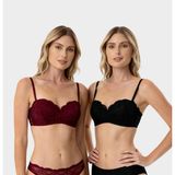 Pierre Cardin 2'li Ekonomik Paket Siyah-Bordo 6800 Ales Ultra Hafif Bütün Kap Dolgusuz Dantelli Straplez Sütyen Set - 90B