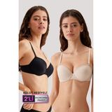 Pierre Cardin 2'li Ekonomik Paket Siyah-Ten 6015 Milan Push Up Dolgulu Micro T-Shirt Sütyen Seti Slip Hediyeli - 85B - Siyah - Ten