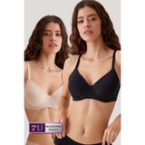 Pierre Cardin 2'li Ekonomik Paket Siyah-Ten 6224 Barcelona Desteksiz Toparlayıcı Micro Sütyen Set D Cup Seçeneği - Siyah - Ten - 100B
