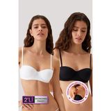 Pierre Cardin 2'li Paket Siyah-Beyaz 6803 Verona Soft Push Up Yarı Destekli Straplez Sütyen Set - Siyah - Beyaz - 90B