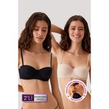 Pierre Cardin 2'li Paket Siyah-Ten 6803 Verona Soft Push Up Yarı Destekli Straplez Sütyen Set - Siyah - Ten - 85B