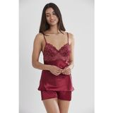 Pierre Cardin 415 Kadın İp Askılı Saten Dantelli Şort Takım, Bordo, S