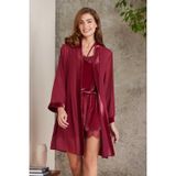 Pierre Cardin 4800 Bordo Kadın Dantelli Kadife Tulum Sabahlık Takım