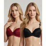 Pierre Cardin 6813 2'li Ekonomik Paket Milan Destekli - Push Up Bordo-Siyah Dantelli Sütyen Set - Bordo Siyah - 90B
