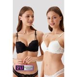 Pierre Cardin 6813 2'li Ekonomik Paket Milan Destekli - Pushup Siyah-Ekru Dantelli Sütyen Set - Siyah - Ekru - 90B