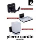 Pierre Cardin Çiftli Bornozluk Siyah + Siyah Sabunluk + Diş Fırçalık Siyah - Inox