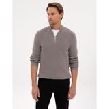 Pierre Cardin Erkek Açık Gri Melanj Slim Fit Dik Yaka Fermuarlı Triko Kazak 50317363-VR091 - 3XL