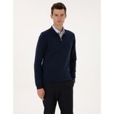 Pierre Cardin Erkek Açık Lacivert Slim Fit Polo Yaka Fermuarlı Basic Triko Kazak 50314191-VR059 - 3XL