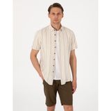 Pierre Cardin Erkek Bej Keten Karışımlı Çizgili Regular Fit Kısa Kollu Gömlek 50307092-VR011 - XL
