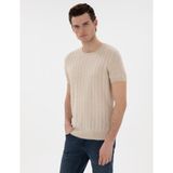 Pierre Cardin Erkek Bej Keten Karışımlı Regular Fit Bisiklet Yaka Triko Tişört 50305992-VR011 - XL