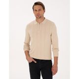 Pierre Cardin Erkek Bej Slim Fit Polo Yaka Fermuarlı Triko Kazak 50317398-VR011 - 2XL