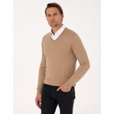 Pierre Cardin Erkek Camel Slim Fit V Yaka Basic Triko Kazak 50314190-VR015 - 2XL