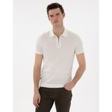 Pierre Cardin Erkek Ekru Slim Fit Fermuarlı Polo Yaka Triko Tişört 50303605-VR019