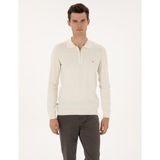 Pierre Cardin Erkek Ekru Slim Fit Polo Yaka Fermuarlı Basic Triko Kazak 50314191-VR019 - XL