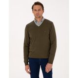 Pierre Cardin Erkek Koyu Haki Slim Fit V Yaka Basic Triko Kazak 50314190-VR111 - XL