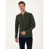 Pierre Cardin Erkek Koyu Yeşil Slim Fit Kıvrılmaz Fermuarlı Polo Yaka Basic Pike Sweatshirt 50314046-VR079 - 3XL