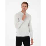 Pierre Cardin Erkek Krem Melanj Slim Fit Fermuarlı Polo Yaka Triko Kazak 50300505-VR159 - 2XL