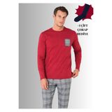 Pierre Cardin Erkek Pijama Takımı,%100 Pamuklu, Bisiklet Yaka, Uzun Kol, Düz Paça, Bordo, M, Çorap Hediyeli